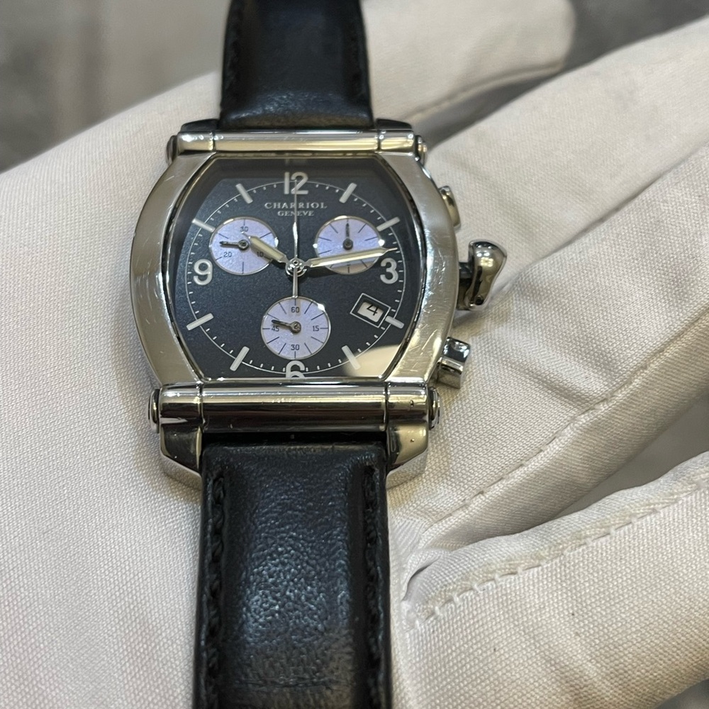 CHARRIOL COLYMBYS® Chrono Black Leather Stainless Steel Quartz Men's Watch 060T - Picture 3 of 16